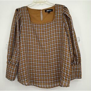 Alice Blue Gingham Square Neck Puff Sleeve Blouse Top Women L Retro‎ Work Chic